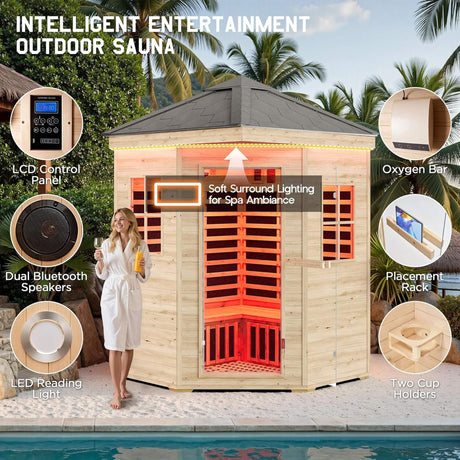 Thermora Monaco 4 - Person Low EMF Spruce Wood Outdoor Infrared Sauna With Bluetooth Speakers And LED Lights (SAK16270) - Outdoor Saunas | Patioza