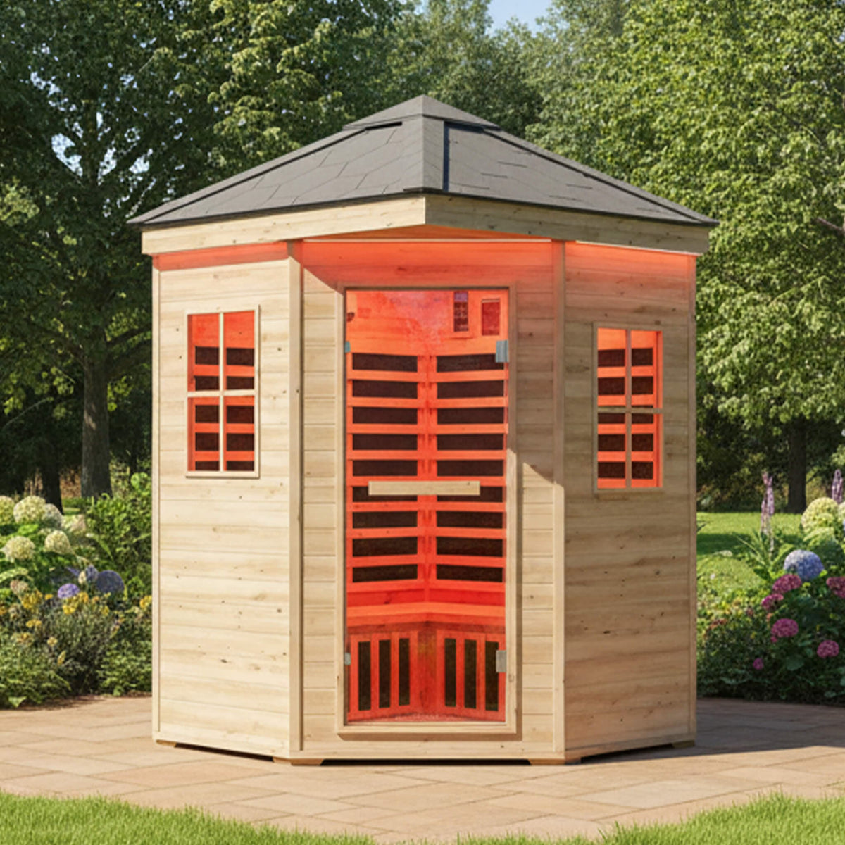 Thermora Monaco 4 - Person Low EMF Spruce Wood Outdoor Infrared Sauna With Bluetooth Speakers And LED Lights (SAK16270) - Outdoor Saunas | Patioza
