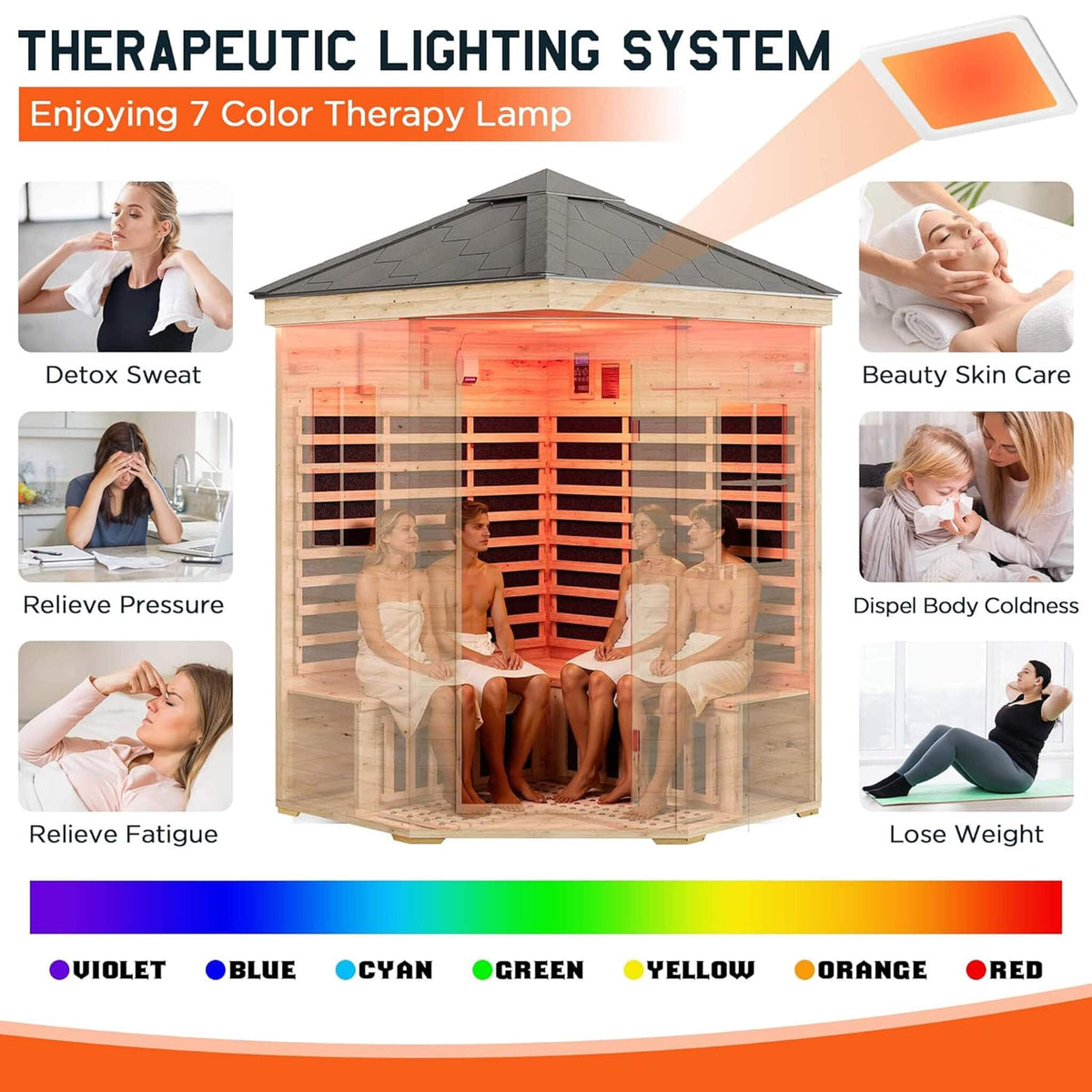 Thermora Monaco 4 - Person Low EMF Spruce Wood Outdoor Infrared Sauna With Bluetooth Speakers And LED Lights (SAK16270) - Outdoor Saunas | Patioza