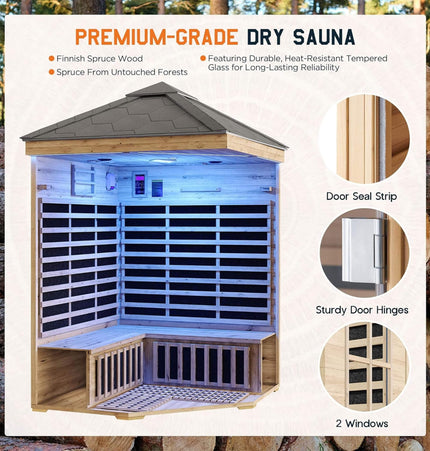 Thermora Monaco 4 - Person Low EMF Spruce Wood Outdoor Infrared Sauna With Bluetooth Speakers And LED Lights (SAK16270) - Outdoor Saunas | Patioza