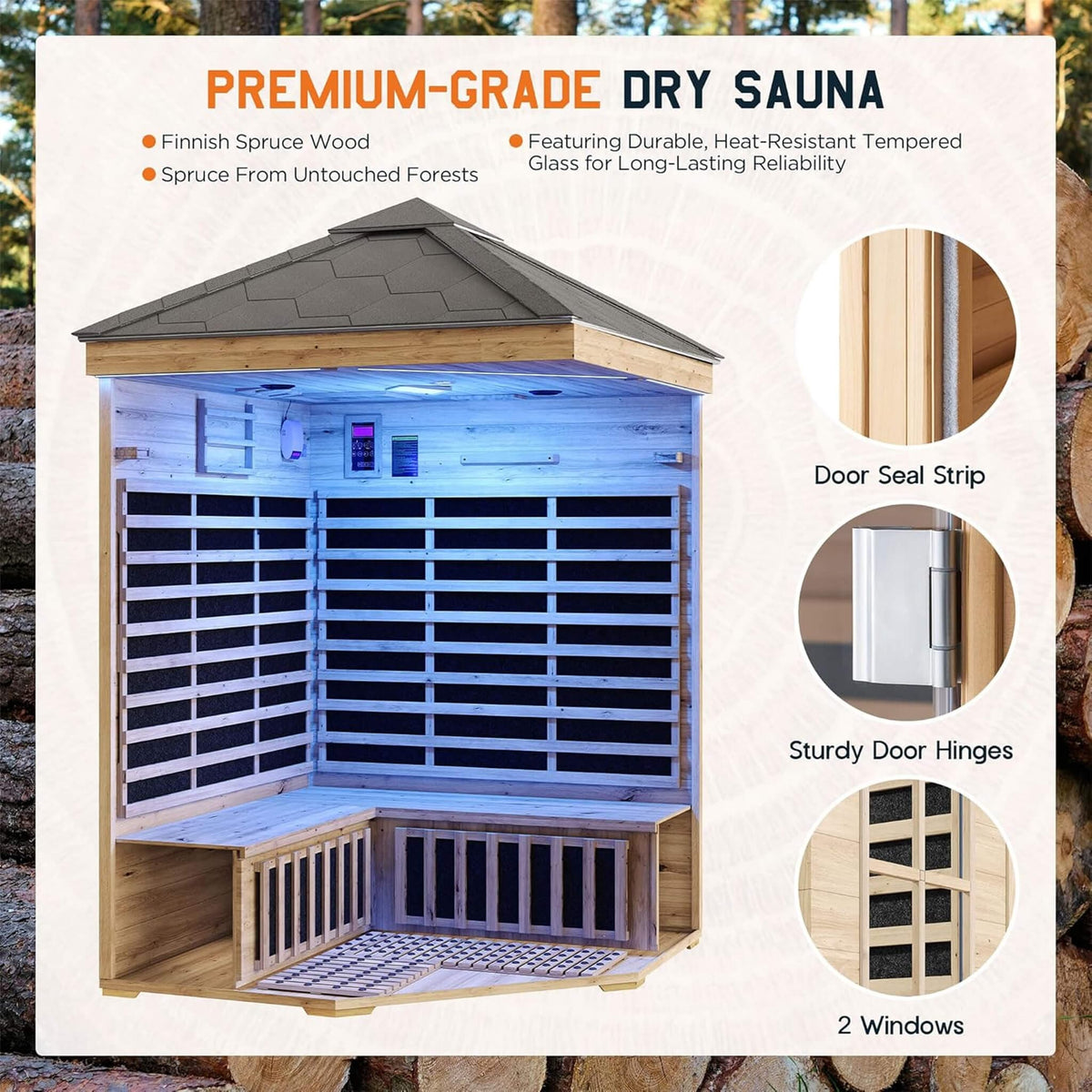 Thermora Monaco 4 - Person Low EMF Spruce Wood Outdoor Infrared Sauna With Bluetooth Speakers And LED Lights (SAK16270) - Outdoor Saunas | Patioza