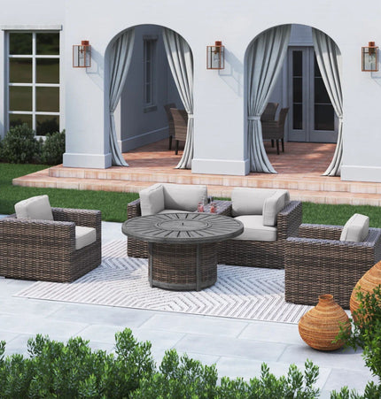 Patio Seating Group For 4 With Cushions And Fire Pit Table - Brown