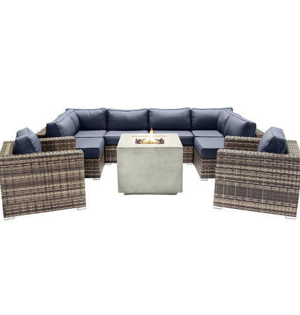 Premium 6 Person Wicker Patio Seating Group With Deep Cushions And Concrete Fire Pit - Gray Mix