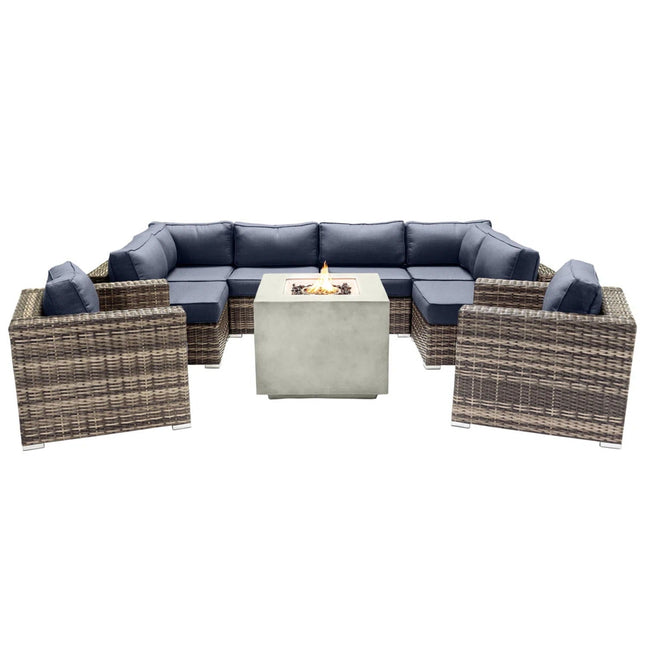 Premium 6 Person Wicker Patio Seating Group With Deep Cushions And Concrete Fire Pit - Gray Mix - 4 Piece Outdoor Sets | Patioza