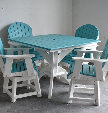 5 pc Table Set - 42" Square Table with 4x Swivel Adirondack Chairs - In Dining, Counter & Bar Height - Patio Furniture | Patioza