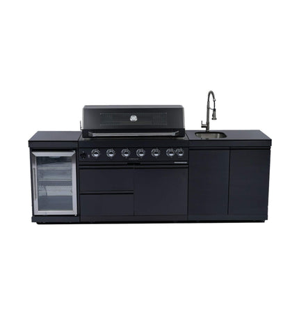 Castelle Flame Belmont 43-Inch 6-Burner 85K BTU Outdoor BBQ Kitchen Grill Island with Wine Cooler, Rotisserie, and Sink