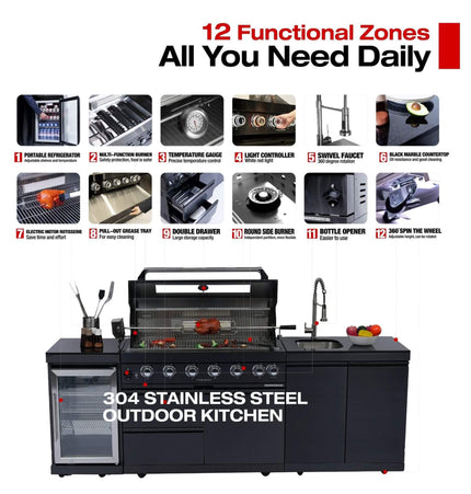 Castelle Flame Belmont 43-Inch 6-Burner 85K BTU Outdoor BBQ Kitchen Grill Island with Wine Cooler, Rotisserie, and Sink