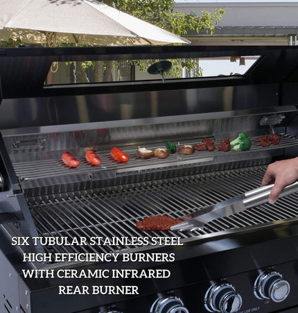 Castelle Flame Belmont 43-Inch 6-Burner 85K BTU Outdoor BBQ Kitchen Grill Island with Wine Cooler, Rotisserie, and Sink
