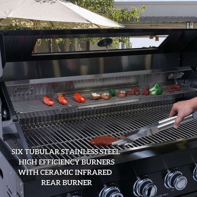 Castelle Flame Belmont 43-Inch 6-Burner 85K BTU Outdoor BBQ Kitchen Grill Island with Wine Cooler, Rotisserie, and Sink