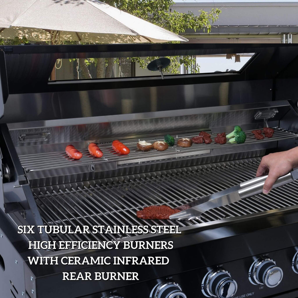 Castelle Flame Belmont 43-Inch 6-Burner 85K BTU Outdoor BBQ Kitchen Grill Island with Wine Cooler, Rotisserie, and Sink - Outdoor Kitchen Islands | Patioza