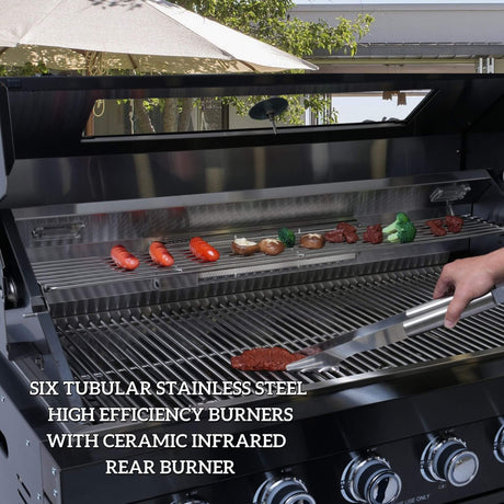 Castelle Flame Belmont 43-Inch 6-Burner 85K BTU Outdoor BBQ Kitchen Grill Island with Wine Cooler, Rotisserie, and Sink - Outdoor Kitchen Islands | Patioza