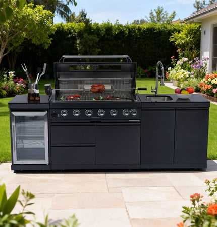 Castelle Flame Belmont 43-Inch 6-Burner 85K BTU Outdoor BBQ Kitchen Grill Island with Wine Cooler, Rotisserie, and Sink
