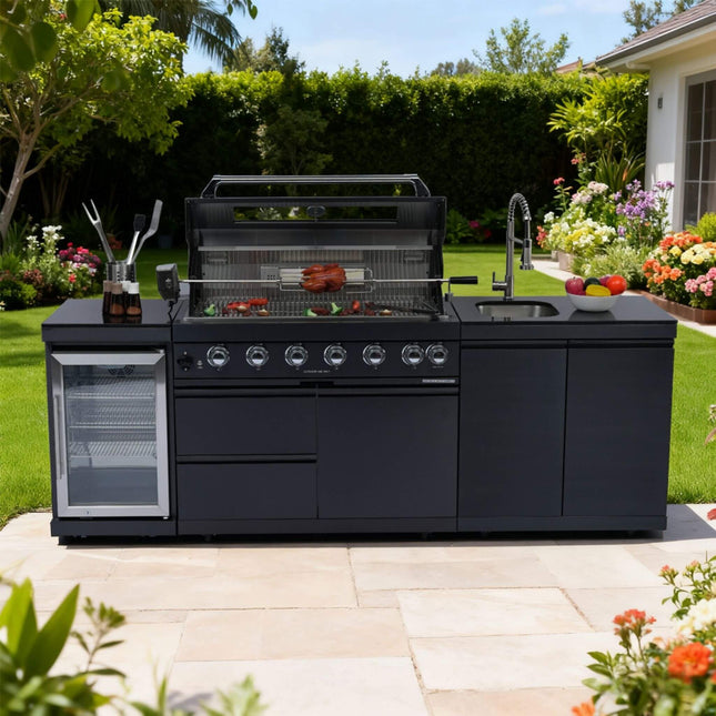 Castelle Flame Belmont 43-Inch 6-Burner 85K BTU Outdoor BBQ Kitchen Grill Island with Wine Cooler, Rotisserie, and Sink