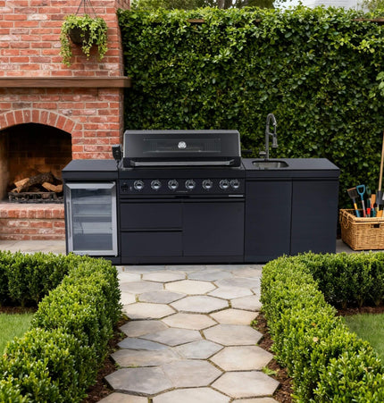 Castelle Flame Belmont 43-Inch 6-Burner 85K BTU Outdoor BBQ Kitchen Grill Island with Wine Cooler, Rotisserie, and Sink