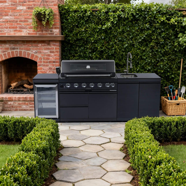 Castelle Flame Belmont 43-Inch 6-Burner 85K BTU Outdoor BBQ Kitchen Grill Island with Wine Cooler, Rotisserie, and Sink