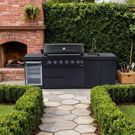 Castelle Flame Belmont 43-Inch 6-Burner 85K BTU Outdoor BBQ Kitchen Grill Island with Wine Cooler, Rotisserie, and Sink - Outdoor Kitchen Islands | Patioza