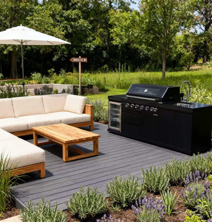 Castelle Flame Belmont 43-Inch 6-Burner 85K BTU Outdoor BBQ Kitchen Grill Island with Wine Cooler, Rotisserie, and Sink