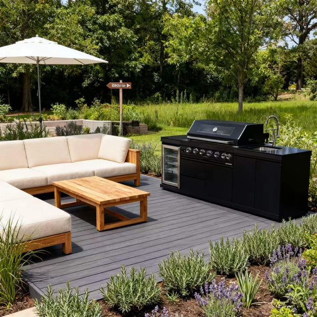 Castelle Flame Belmont 43-Inch 6-Burner 85K BTU Outdoor BBQ Kitchen Grill Island with Wine Cooler, Rotisserie, and Sink