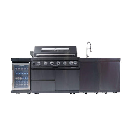 Castelle Flame Belmont 43-Inch 6-Burner 85K BTU Outdoor BBQ Kitchen Grill Island with Wine Cooler, Rotisserie, and Sink