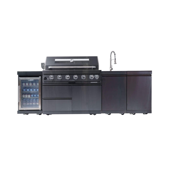Castelle Flame Belmont 43-Inch 6-Burner 85K BTU Outdoor BBQ Kitchen Grill Island with Wine Cooler, Rotisserie, and Sink