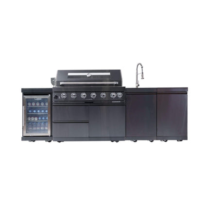 Castelle Flame Belmont 43-Inch 6-Burner 85K BTU Outdoor BBQ Kitchen Grill Island with Wine Cooler, Rotisserie, and Sink