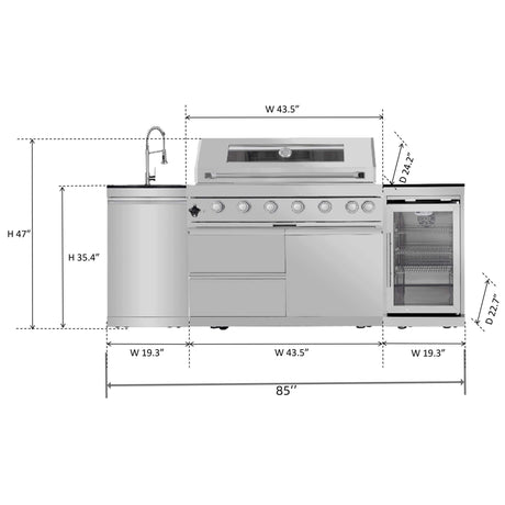 Castelle Flame Verona 44-Inch 6-Burner 85K BTU Stainless Steel Outdoor BBQ Kitchen Grill Island With Wine Cooler, Rotisserie Kit, And Storage Cabinets (SAK97105) - Outdoor Kitchen Islands | Patioza
