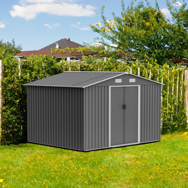 10X8 FT outdoor tool storage shed with metal foundation and lockable door, all - weather metal shed, gray - Storage Sheds | Patioza