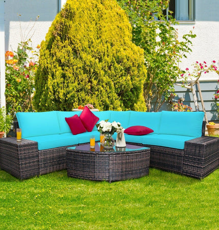 6 Piece Wicker Patio Sectional Sofa Set with Tempered Glass Coffee Table - Turquoise - Patio Furniture | Patioza
