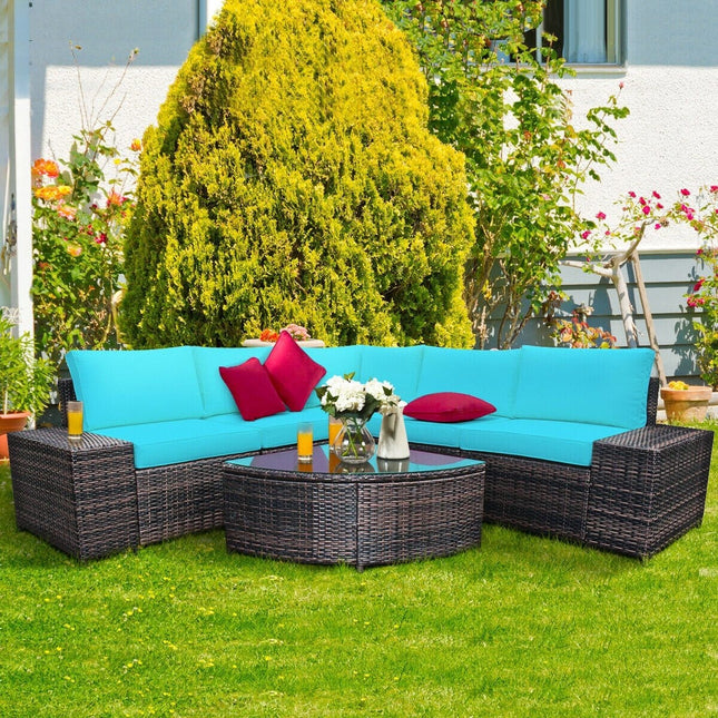 6 Piece Wicker Patio Sectional Sofa Set with Tempered Glass Coffee Table - Turquoise - Patio Furniture | Patioza