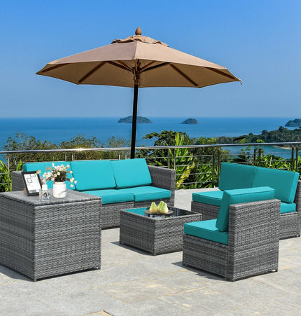 8 Piece Wicker Sofa Rattan Dinning Set Patio Furniture with Storage Table - Turquoise - Patio Furniture | Patioza