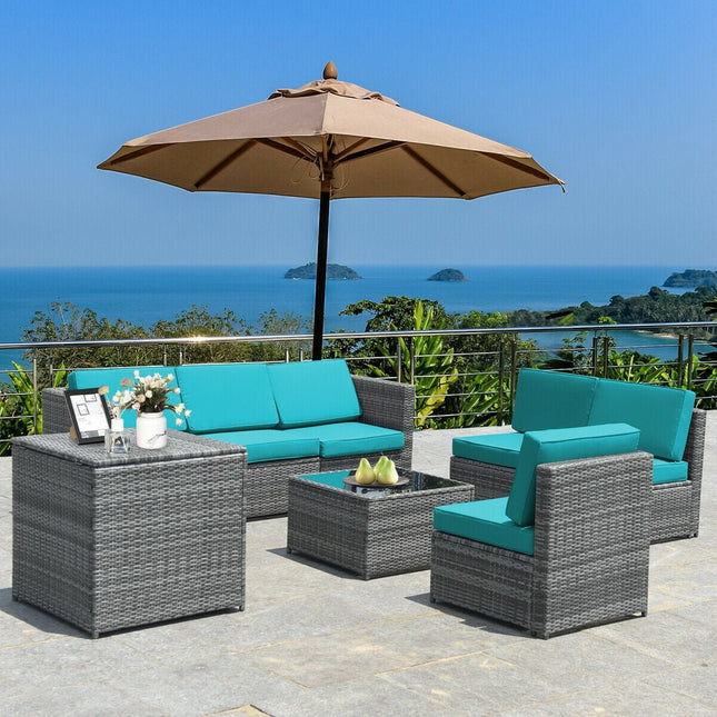 8 Piece Wicker Sofa Rattan Dinning Set Patio Furniture with Storage Table - Turquoise - Patio Furniture | Patioza