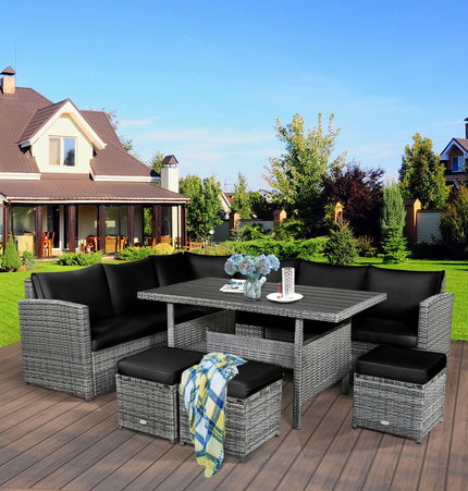 7 Pieces Patio Rattan Dining Furniture Sectional Sofa Set with Wicker Ottoman - Black - Patio Furniture | Patioza