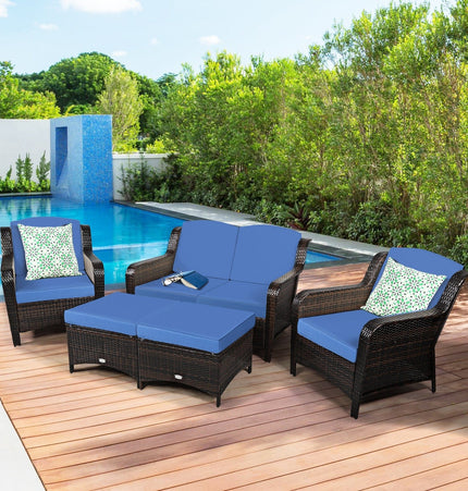 5 Pieces Patio Rattan Sofa Set with Cushion and Ottoman - Navy - Patio Furniture | Patioza