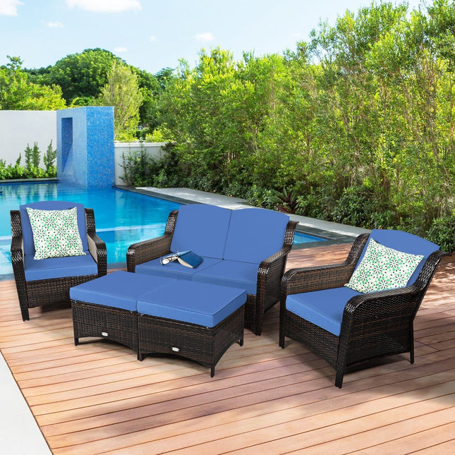 5 Pieces Patio Rattan Sofa Set with Cushion and Ottoman - Navy - Patio Furniture | Patioza