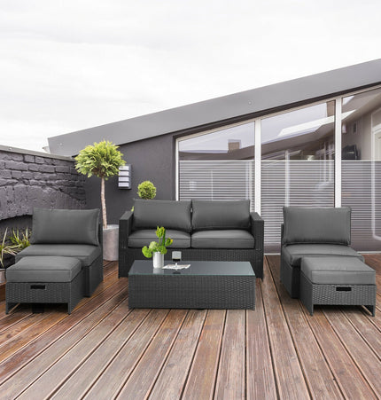 6 Pieces Patio Rattan Furniture Set with Glass Table and Cushioned Seat - Gray - Patio Furniture | Patioza