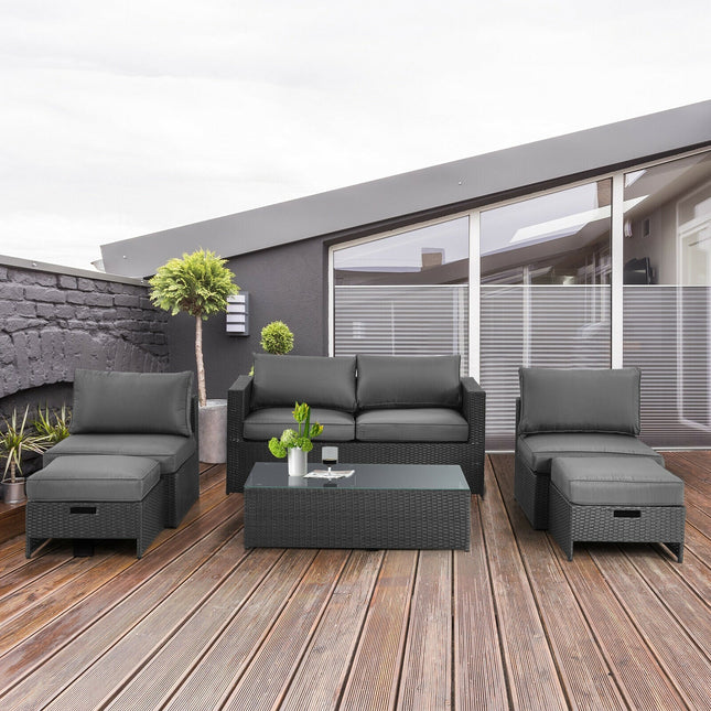 6 Pieces Patio Rattan Furniture Set with Glass Table and Cushioned Seat - Gray - Patio Furniture | Patioza