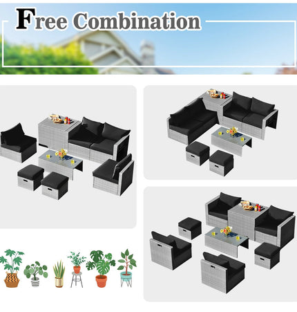 8 Pieces Patio Rattan Furniture Set with Storage Waterproof Cover and Cushion - Black - Patio Furniture | Patioza