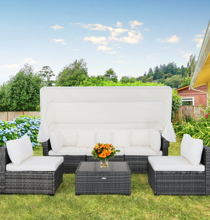 6 Pieces Patio Rattan Furniture Set with Retractable Canopy - Patio Furniture | Patioza