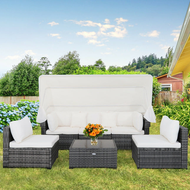 6 Pieces Patio Rattan Furniture Set with Retractable Canopy - Patio Furniture | Patioza