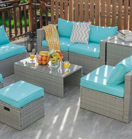8 Pieces Patio Rattan Furniture Set with Storage Waterproof Cover and Cushion - Turquoise - Patio Furniture | Patioza