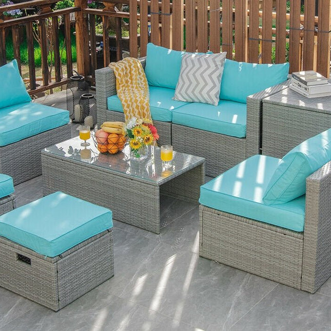 8 Pieces Patio Rattan Furniture Set with Storage Waterproof Cover and Cushion - Turquoise - Patio Furniture | Patioza