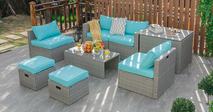 8 Pieces Patio Rattan Furniture Set with Storage Waterproof Cover and Cushion - Turquoise - Patio Furniture | Patioza