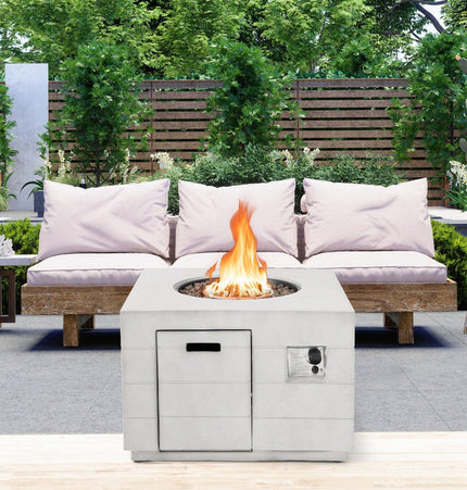 34 Inch Square Concrete Propane Fire Pit Table with Lava Rocks and Cover 50 000 BTU - Gray - Fire Pits | Patioza