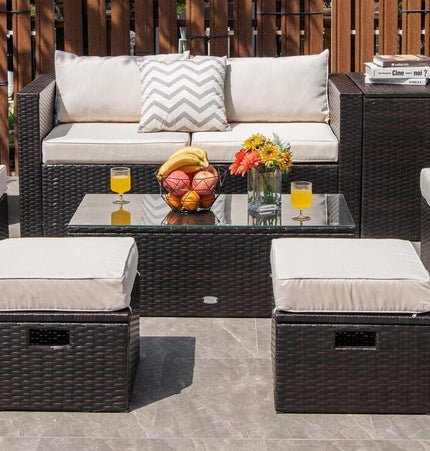 8 Pieces Patio Space - Saving Rattan Furniture Set with Storage Box and Waterproof Cover - White - Patio Furniture | Patioza