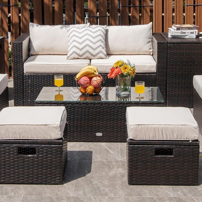 8 Pieces Patio Space - Saving Rattan Furniture Set with Storage Box and Waterproof Cover - White - Patio Furniture | Patioza