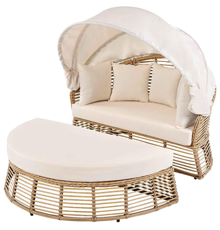 Outdoor Patio Rattan Round Daybed with Retractable Canopy, Wicker - Furniture | Patioza