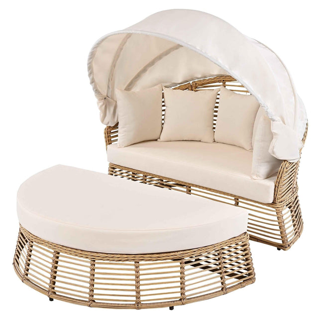 Outdoor Patio Rattan Round Daybed with Retractable Canopy, Wicker - Furniture | Patioza