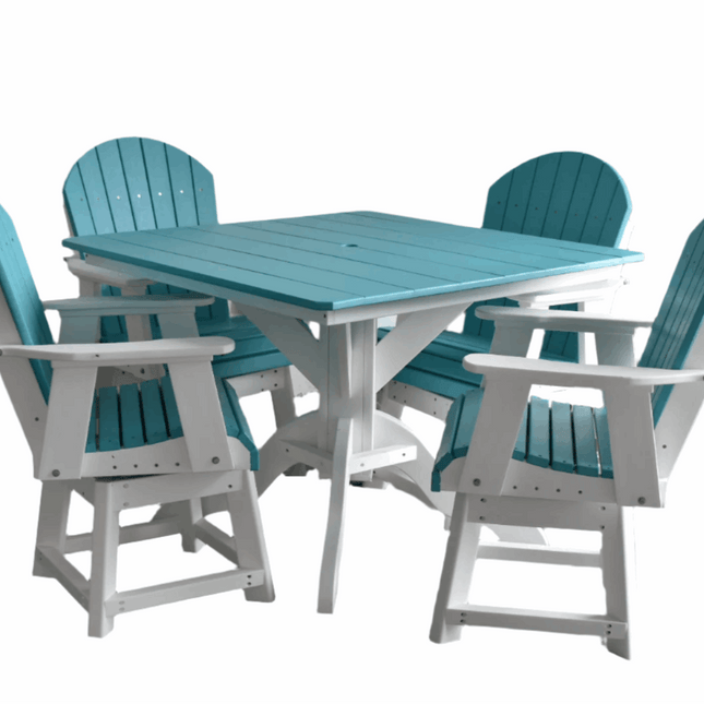 5 pc Table Set - 42" Square Table with 4x Swivel Adirondack Chairs - In Dining, Counter & Bar Height - Patio Furniture | Patioza