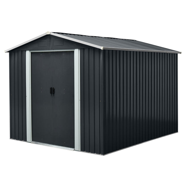 8ft x 10ft Outdoor Metal Storage Shed with Floor Base Black - Storage Sheds | Patioza