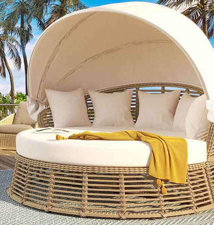 Outdoor Patio Rattan Round Daybed with Retractable Canopy, Wicker - Furniture | Patioza